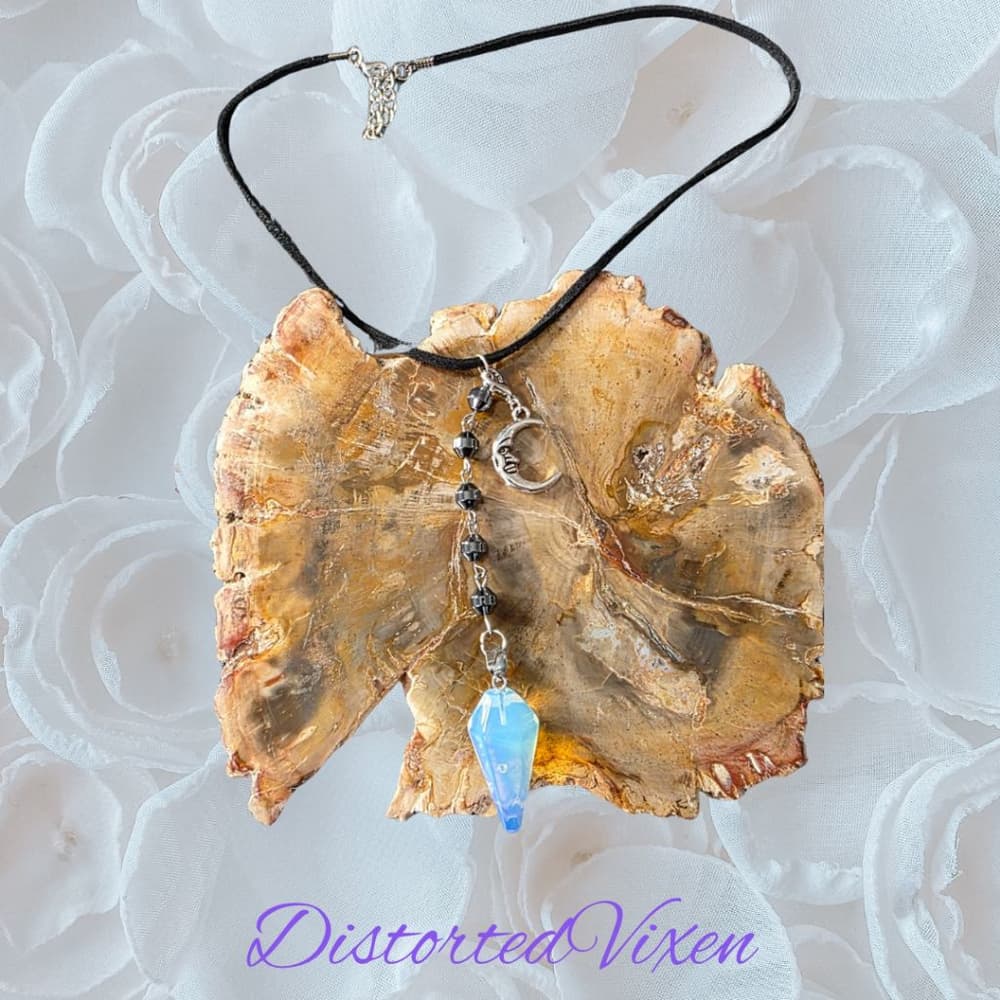 Opalite Crystal Moon Pendant Necklace with Hematite Beads | Gothic Corded Choker - Thumbnail 9
