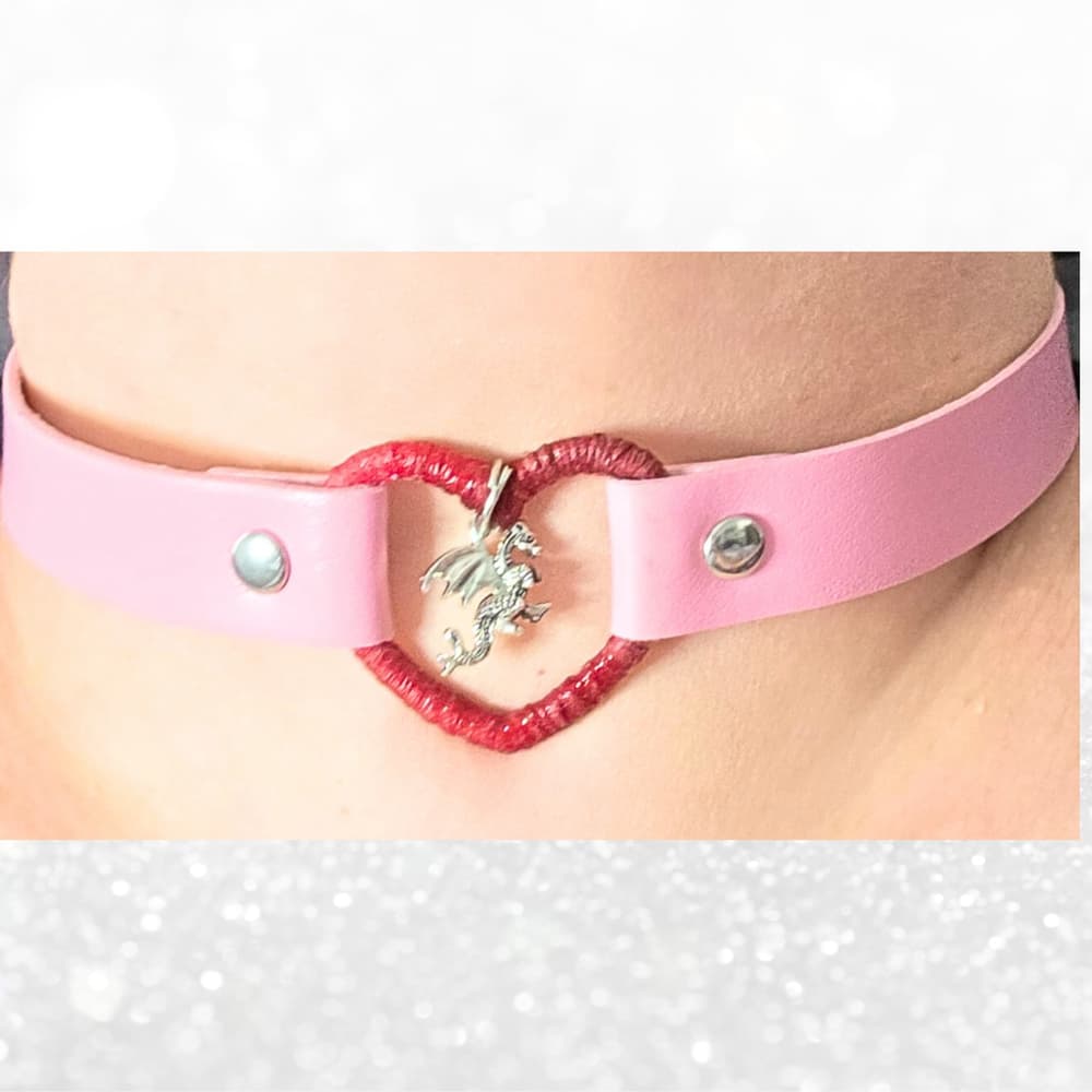 Pink Leather Heart Choker with Dragon Charm - Wrapped Red Collar - Goth - Thumbnail 4