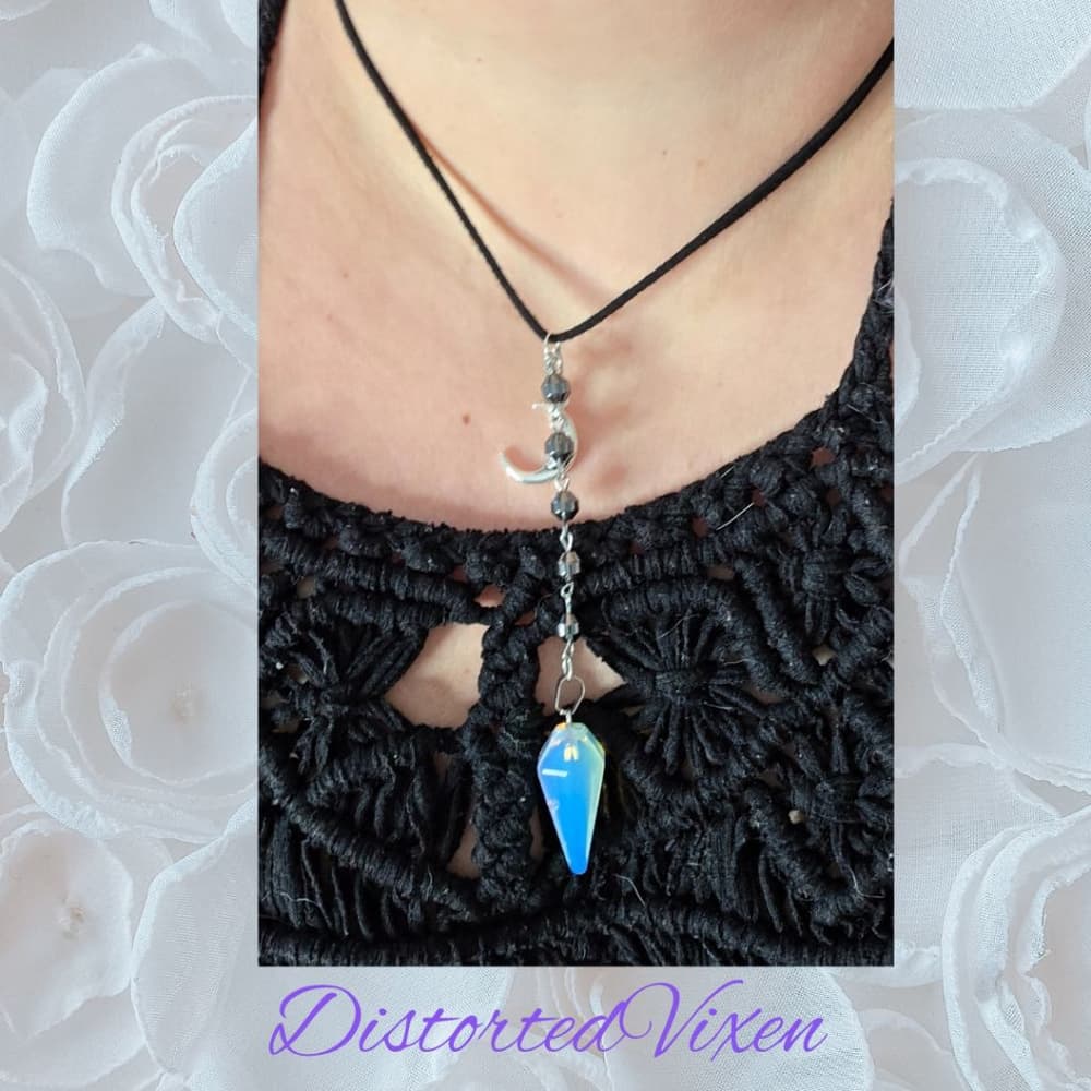 Opalite Crystal Moon Pendant Necklace with Hematite Beads | Gothic Corded Choker - Thumbnail 5