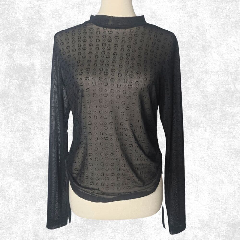 Guess Black Sheer Mesh Monogram Top – Edgy Long Sleeve Festival Layering XL