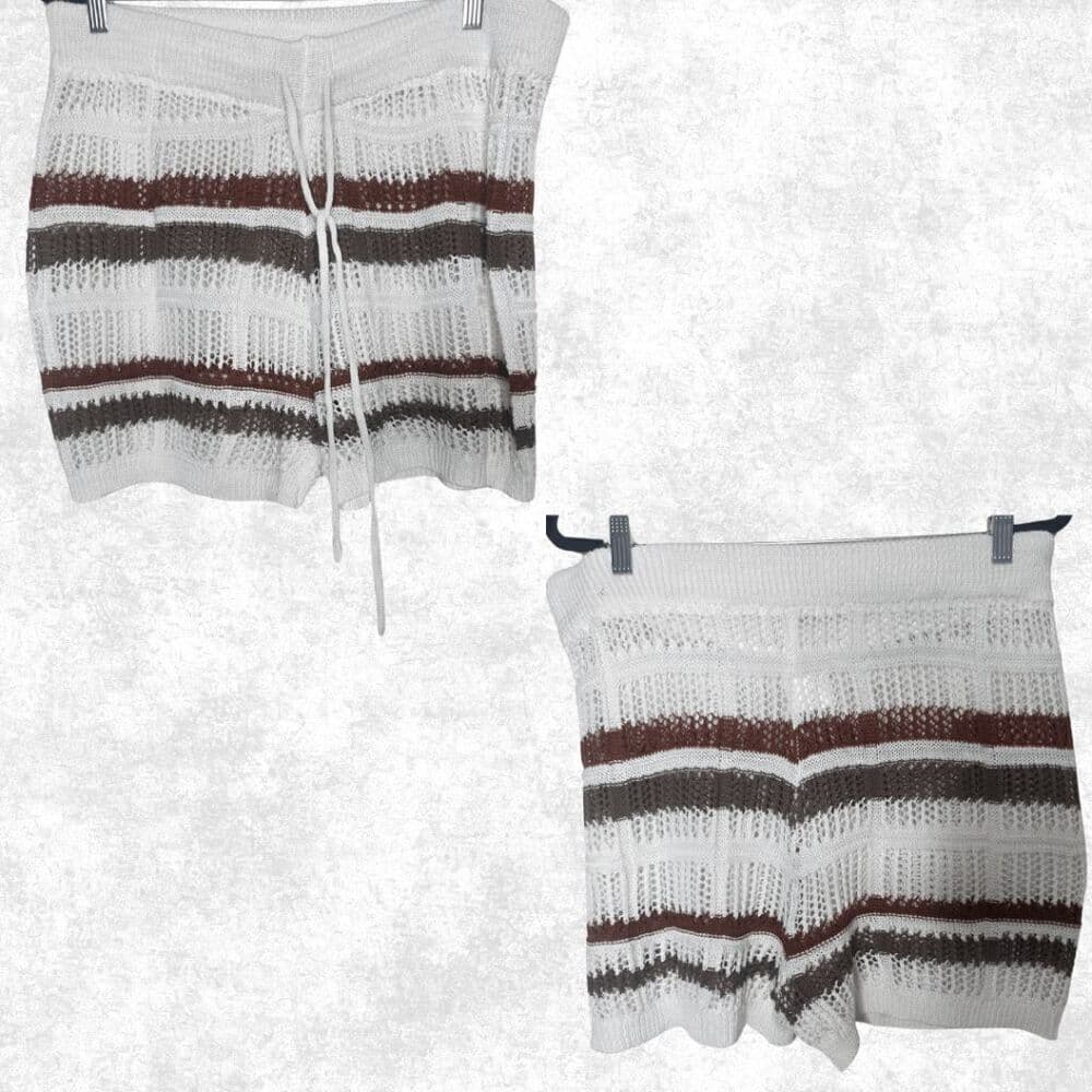 Plus Size 3X Knit Lounge Shorts – Cream Rust Brown Striped Drawstring Boho Beach - Thumbnail 3