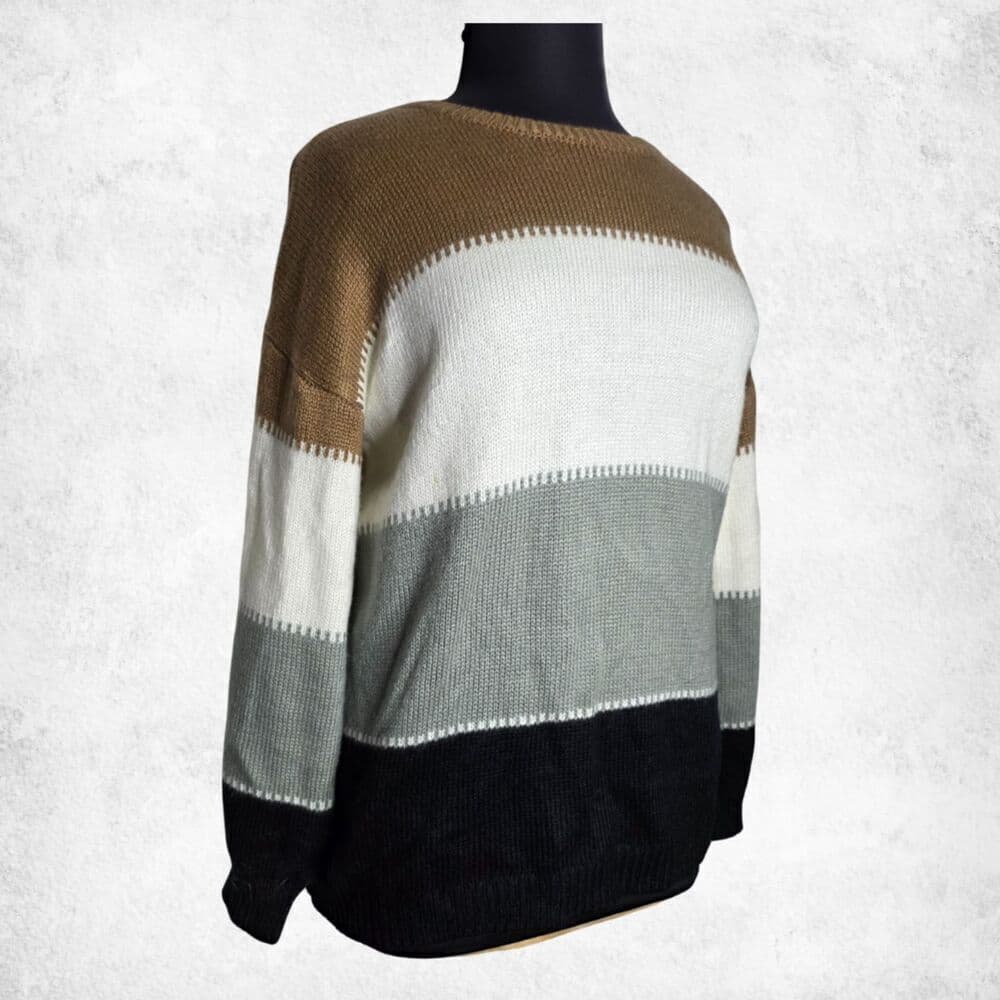 Angashion Colorblock Sweater XL – Neutral Brown Gray Black Knit Pullover - Thumbnail 5