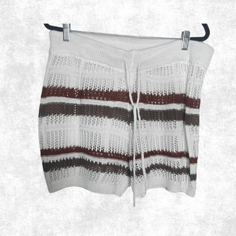 Plus Size 3X Knit Lounge Shorts – Cream Rust Brown Striped Drawstring Boho Beach