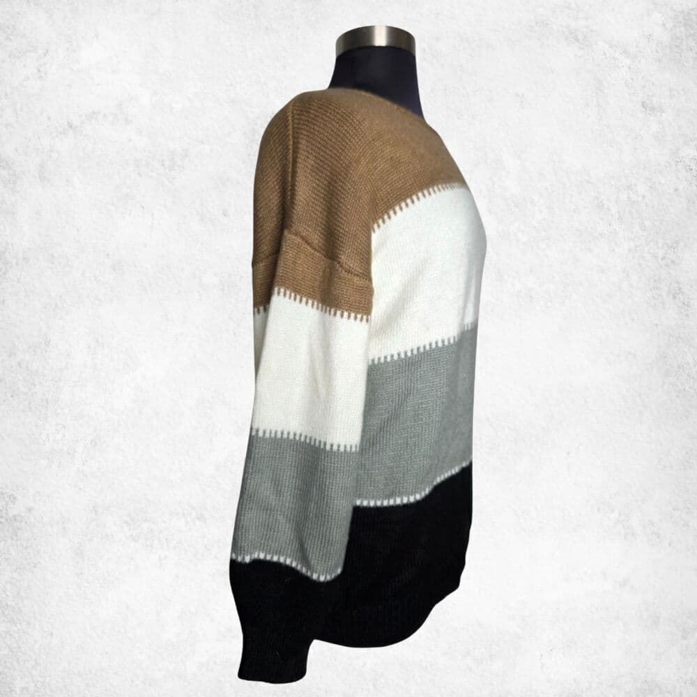 Angashion Colorblock Sweater XL – Neutral Brown Gray Black Knit Pullover - Thumbnail 2