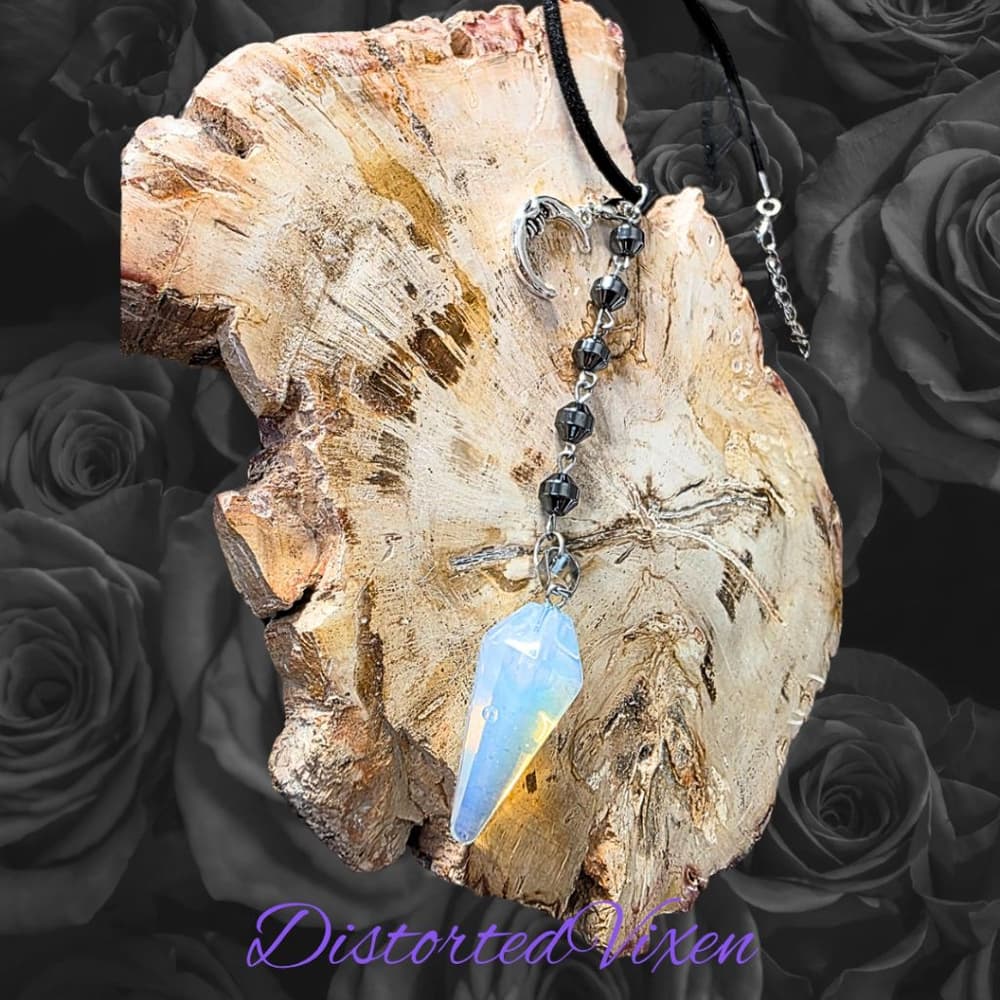 Opalite Crystal Moon Pendant Necklace with Hematite Beads | Gothic Corded Choker