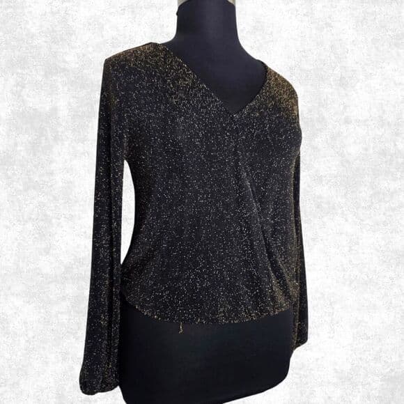 IF BY SEA Black & Gold Glitter Surplice Blouse – Size L (NWT) - Thumbnail 9