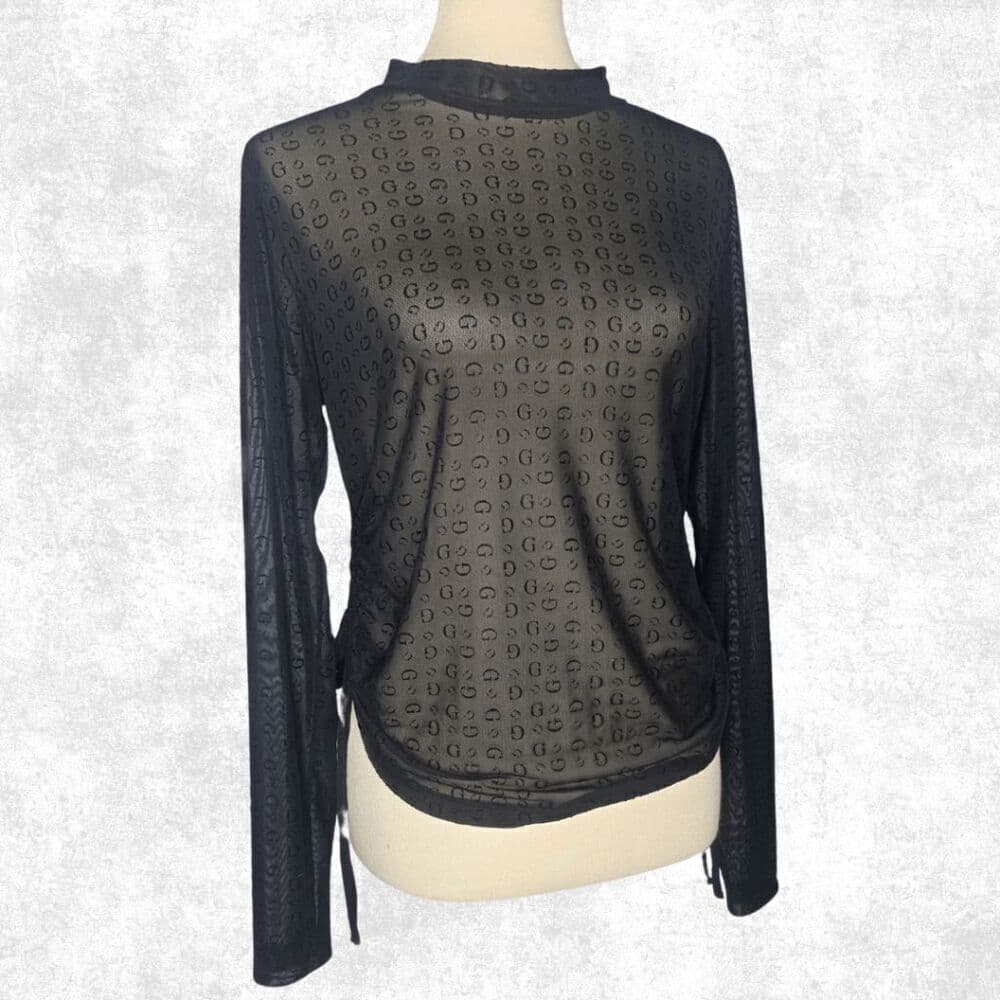 Guess Black Sheer Mesh Monogram Top – Edgy Long Sleeve Festival Layering XL - Thumbnail 5