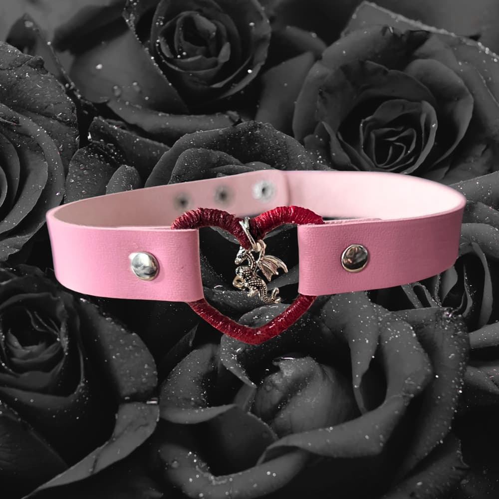 Pink Leather Heart Choker with Dragon Charm - Wrapped Red Collar - Goth - Thumbnail 2