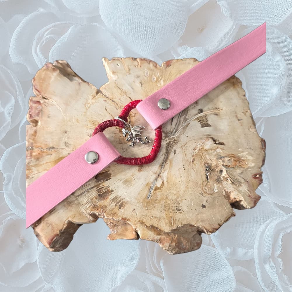 Pink Leather Heart Choker with Dragon Charm - Wrapped Red Collar - Goth - Thumbnail 6