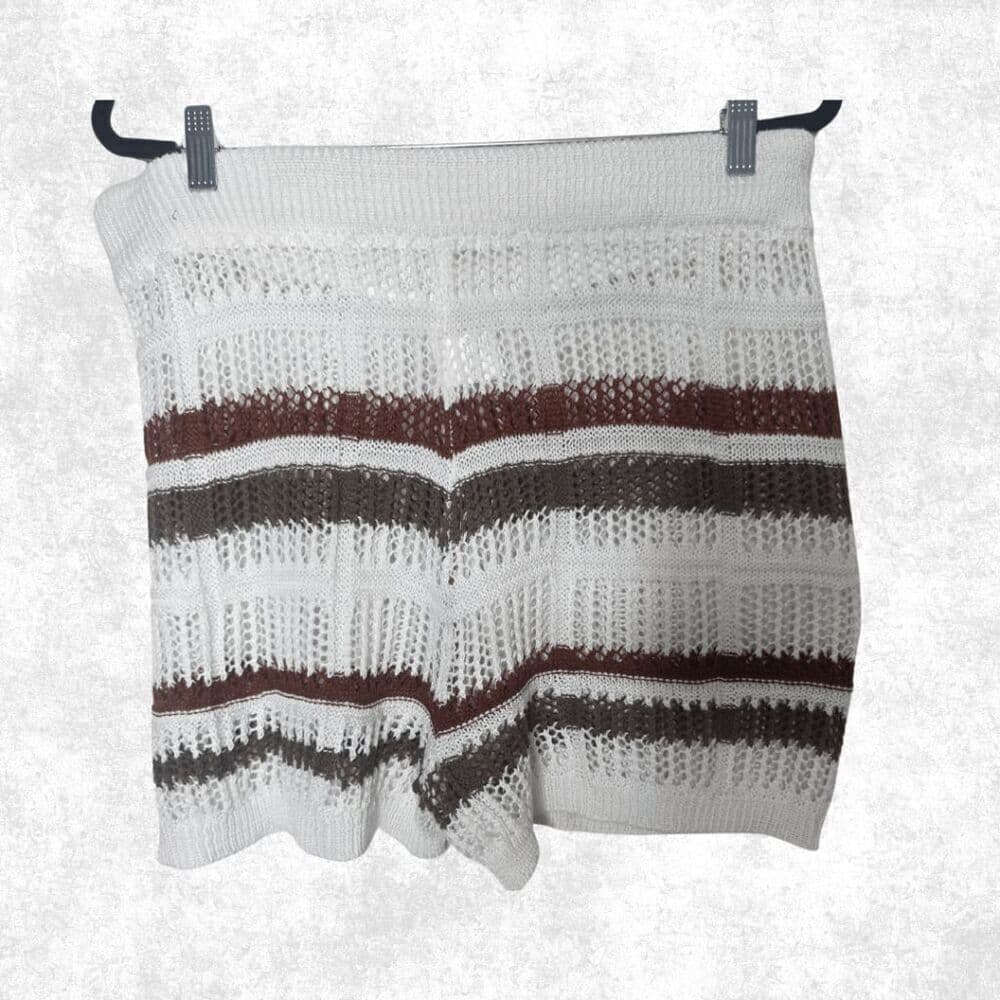Plus Size 3X Knit Lounge Shorts – Cream Rust Brown Striped Drawstring Boho Beach - Thumbnail 4