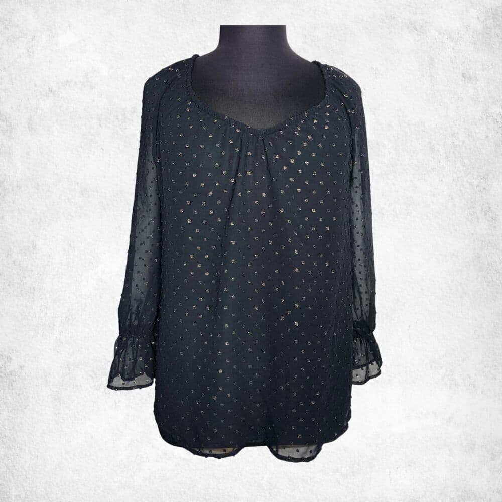 Lane Bryant Black Sheer Blouse 14/16 – Plus Size Metallic Dot Long Sleeve Top