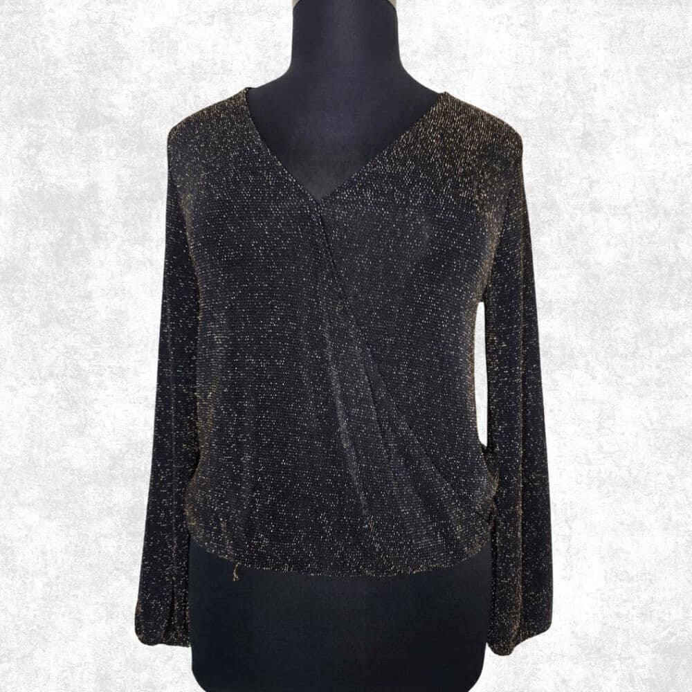 IF BY SEA Black & Gold Glitter Surplice Blouse – Size L (NWT)
