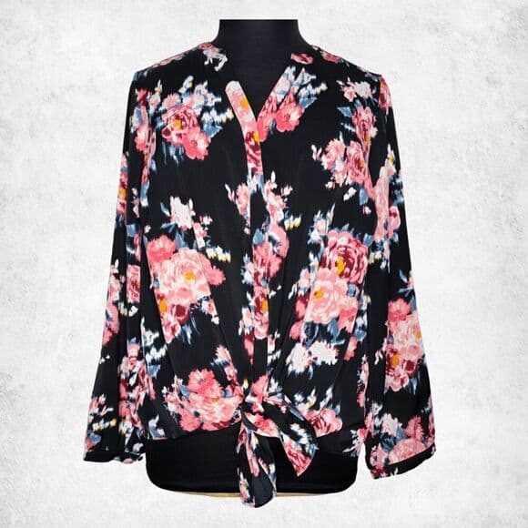 Torrid Floral Blouse 3X – Black Pink Rose Print Top Plus Size Long Sleeve - Thumbnail 7