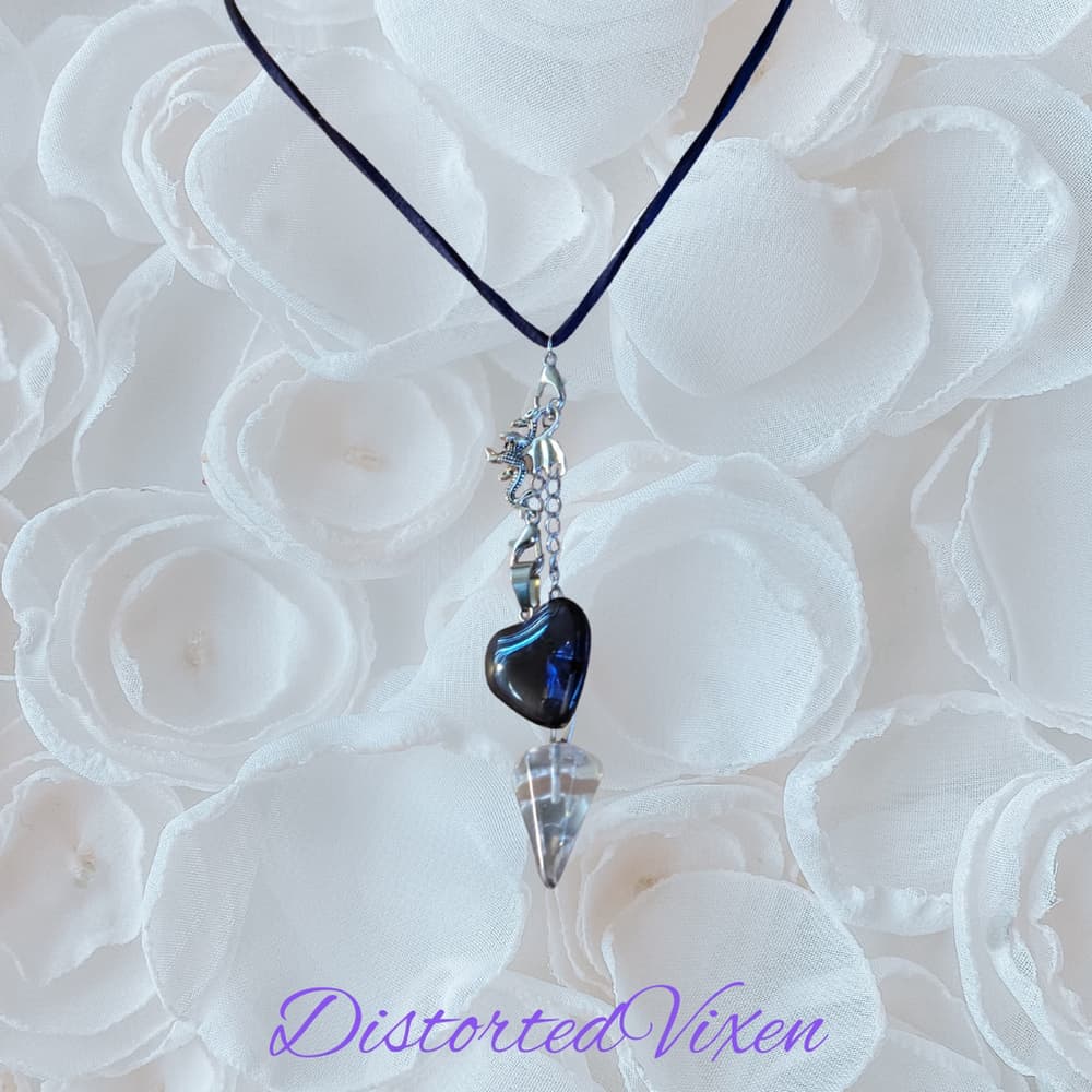 Navy Blue Glass Heart & Clear Glass Pendulum Necklace – with dragon charm - Thumbnail 7