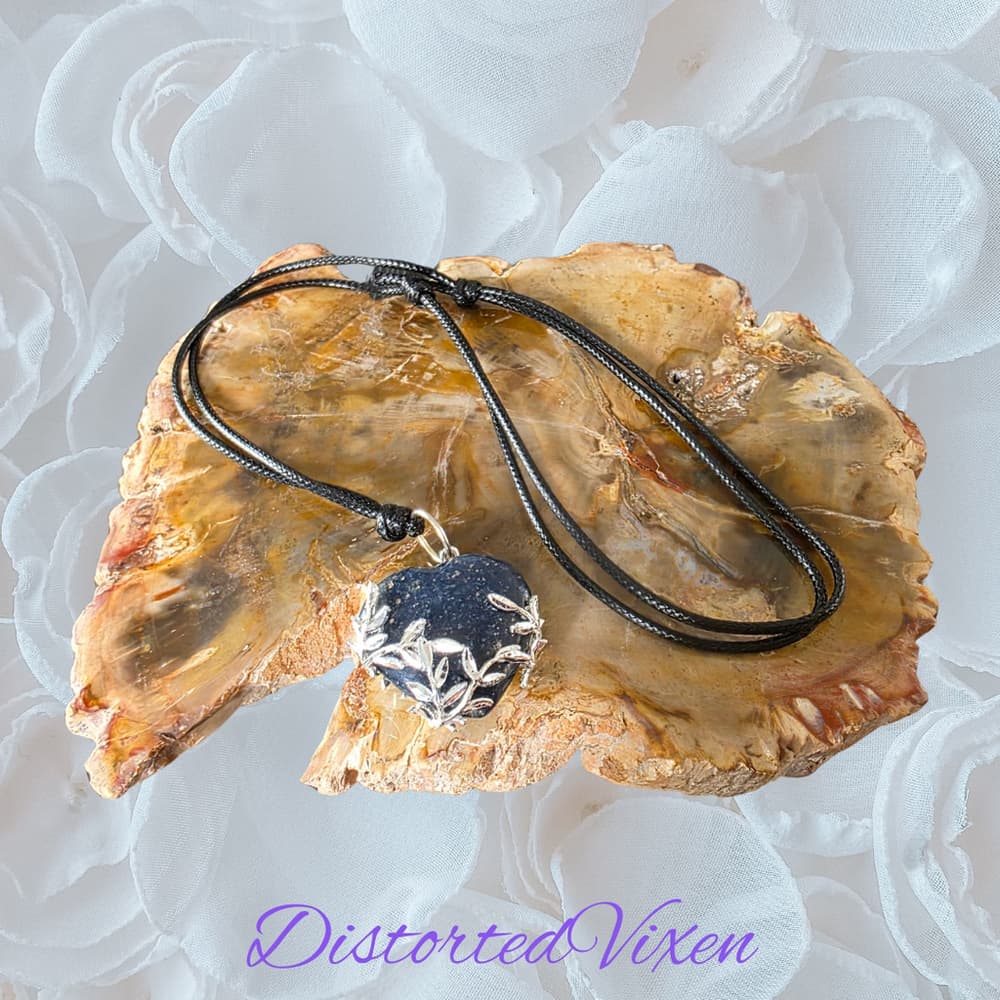 Lapis Lazuli Leaf Pendant Necklace – Silver Leaf Wrapped Blue Stone Black Cord - Thumbnail 7