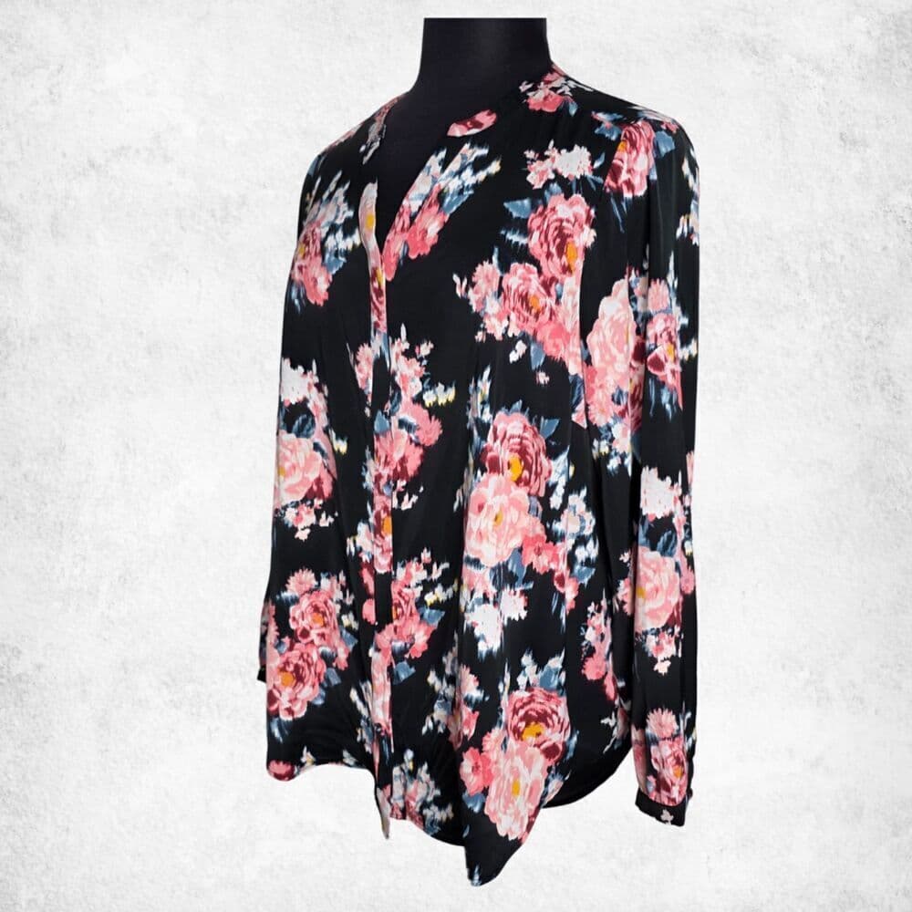 Torrid Floral Blouse 3X – Black Pink Rose Print Top Plus Size Long Sleeve - Thumbnail 2