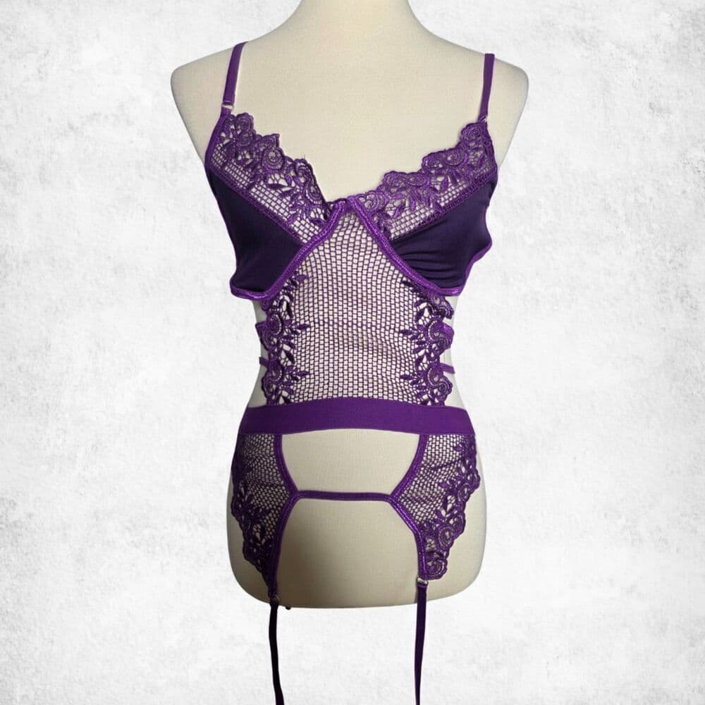 Purple Lace Mesh Garter Bodysuit – XL Strappy Fishnet Goth Glam Seductive Teddy - Thumbnail 4