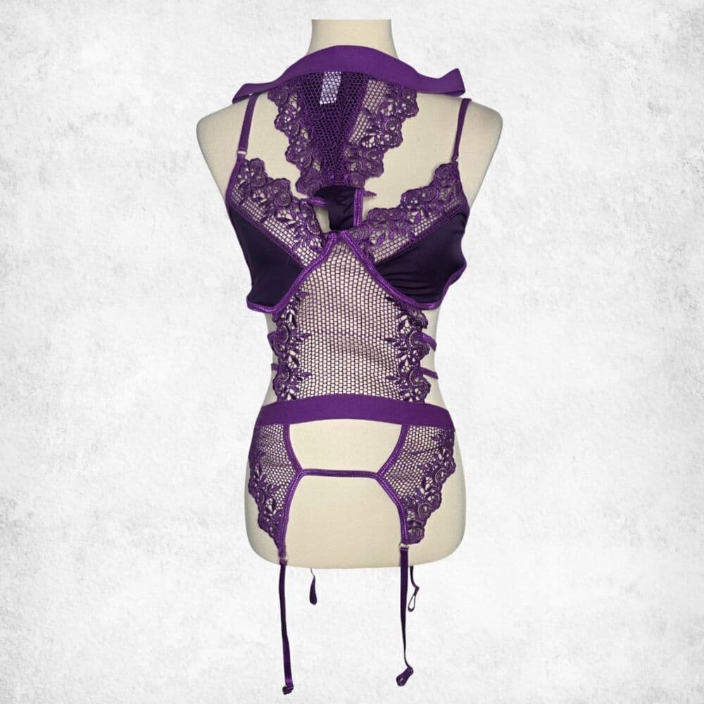 Purple Lace Mesh Garter Bodysuit – XL Strappy Fishnet Goth Glam Seductive Teddy