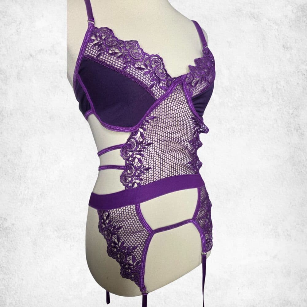 Purple Lace Mesh Garter Bodysuit – XL Strappy Fishnet Goth Glam Seductive Teddy - Thumbnail 6