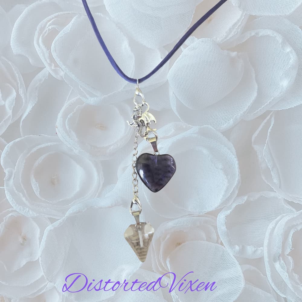 Navy Blue Glass Heart & Clear Glass Pendulum Necklace – with dragon charm - Thumbnail 4