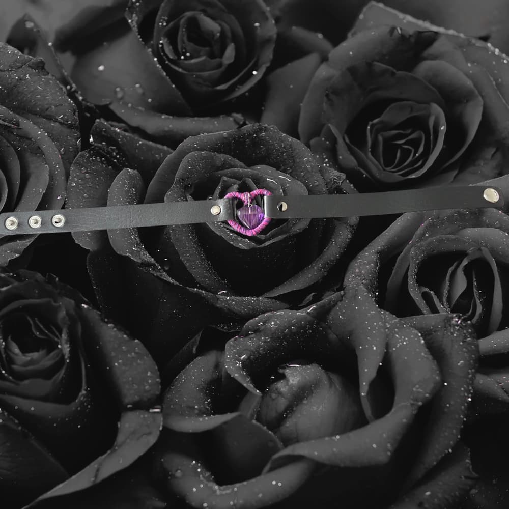 Black Leather Heart Choker - Purple & Magenta Hand-Wrapped Heart Collar - Goth