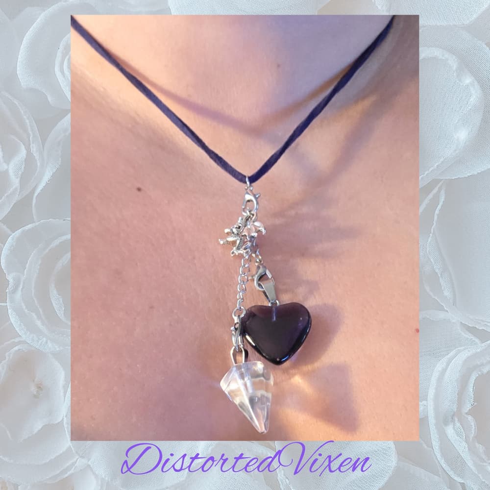Navy Blue Glass Heart & Clear Glass Pendulum Necklace – with dragon charm