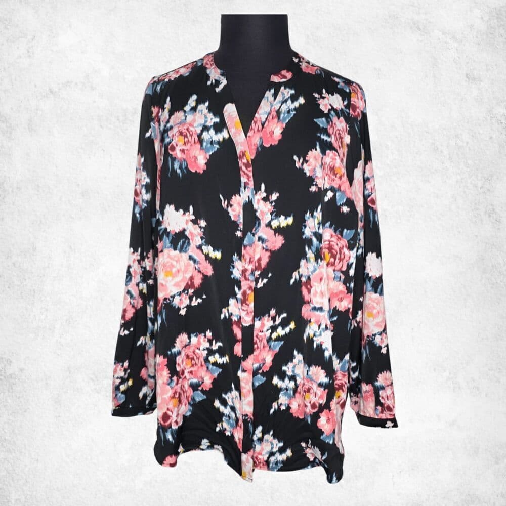 Torrid Floral Blouse 3X – Black Pink Rose Print Top Plus Size Long Sleeve - Thumbnail 3