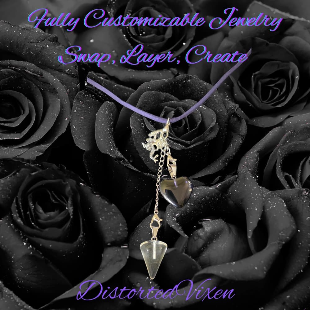 Navy Blue Glass Heart & Clear Glass Pendulum Necklace – with dragon charm - Thumbnail 6