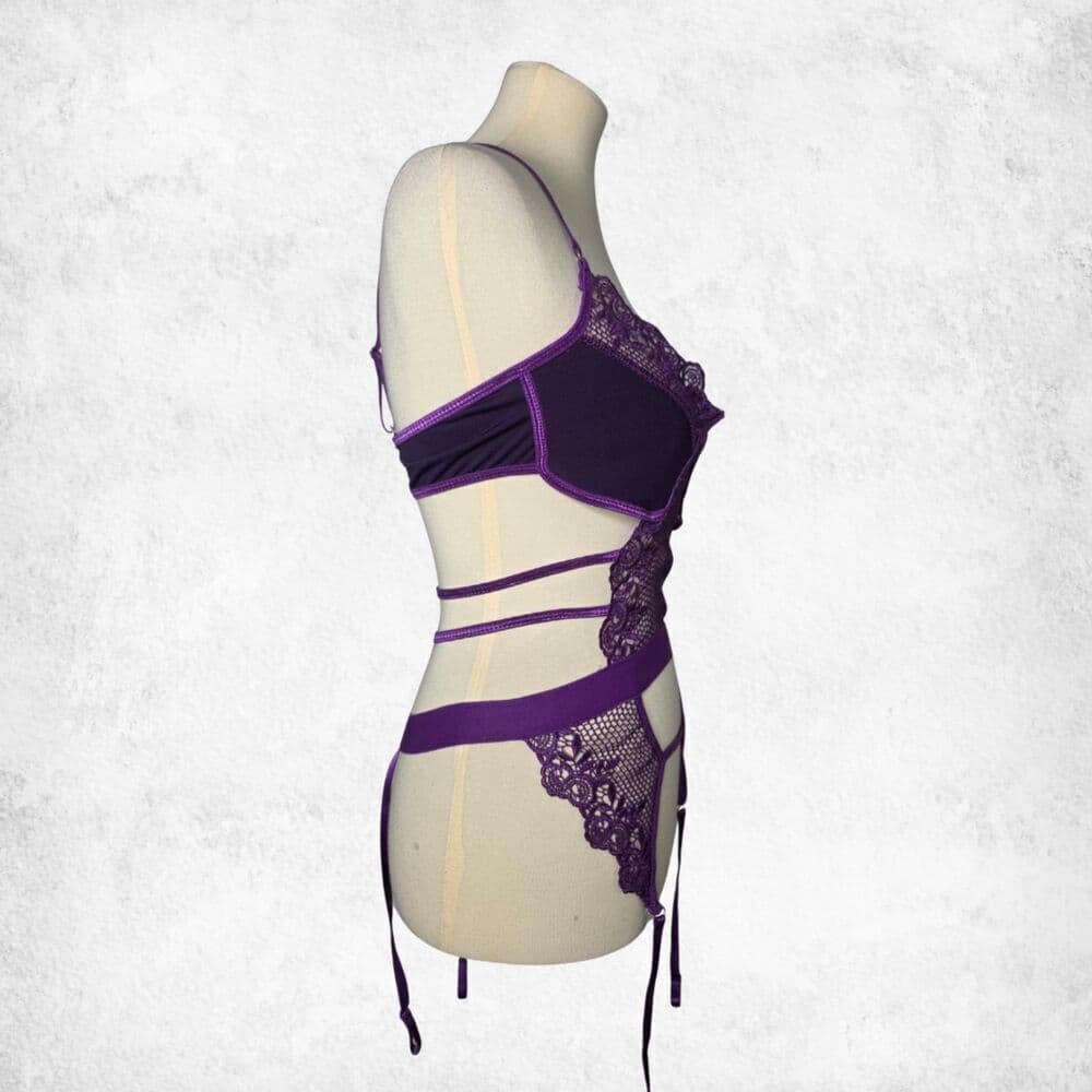 Purple Lace Mesh Garter Bodysuit – XL Strappy Fishnet Goth Glam Seductive Teddy - Thumbnail 5