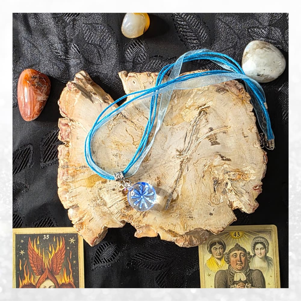 Gothic Armor Blue Starburst Glass Pendant - Multi-Strand Ribbon & Cord Necklace - Thumbnail 6
