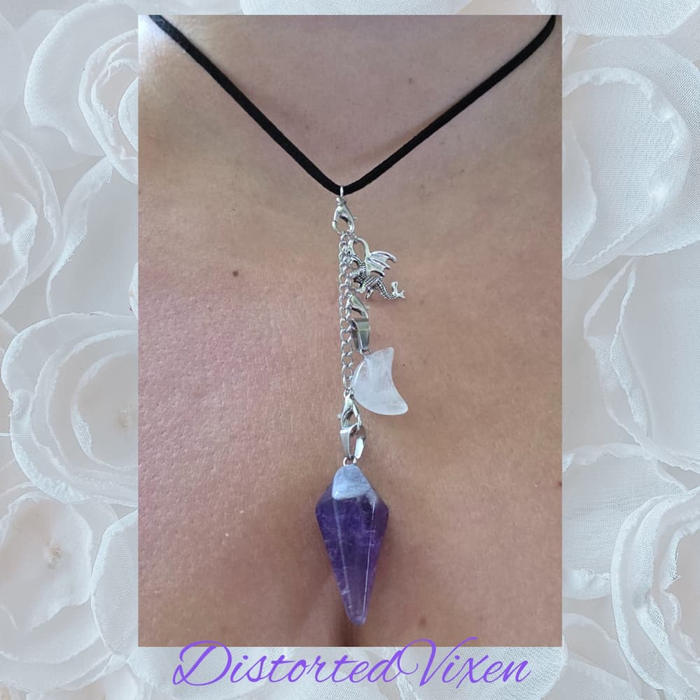 Dragon Amethyst Pendulum Necklace • Clear Quartz Moon • Witch Divination Jewelry - Thumbnail 3