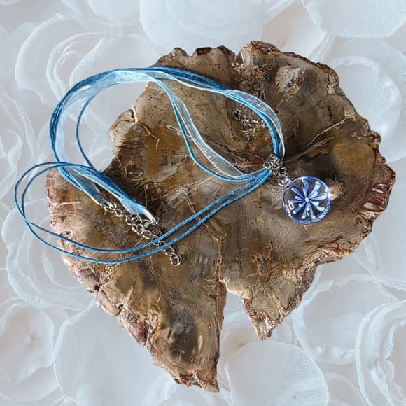 Gothic Armor Blue Starburst Glass Pendant - Multi-Strand Ribbon & Cord Necklace - Thumbnail 8