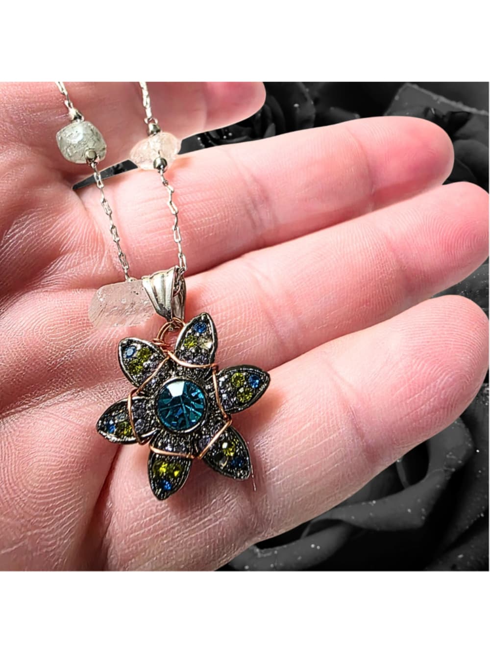 Fluorite Chip 2-Strand Necklace — Copper Wrapped Celestial Pendant — Layered Gem - Thumbnail 5