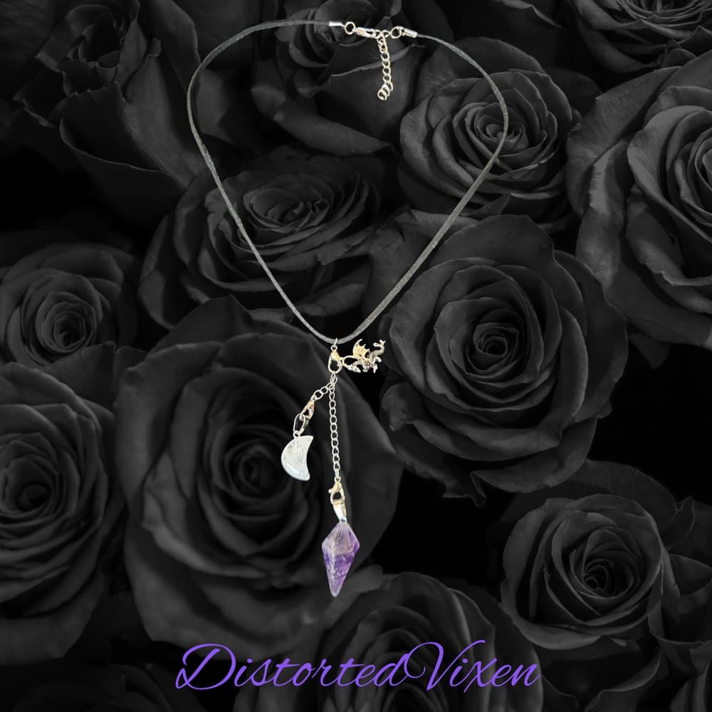 Dragon Amethyst Pendulum Necklace • Clear Quartz Moon • Witch Divination Jewelry - Thumbnail 4