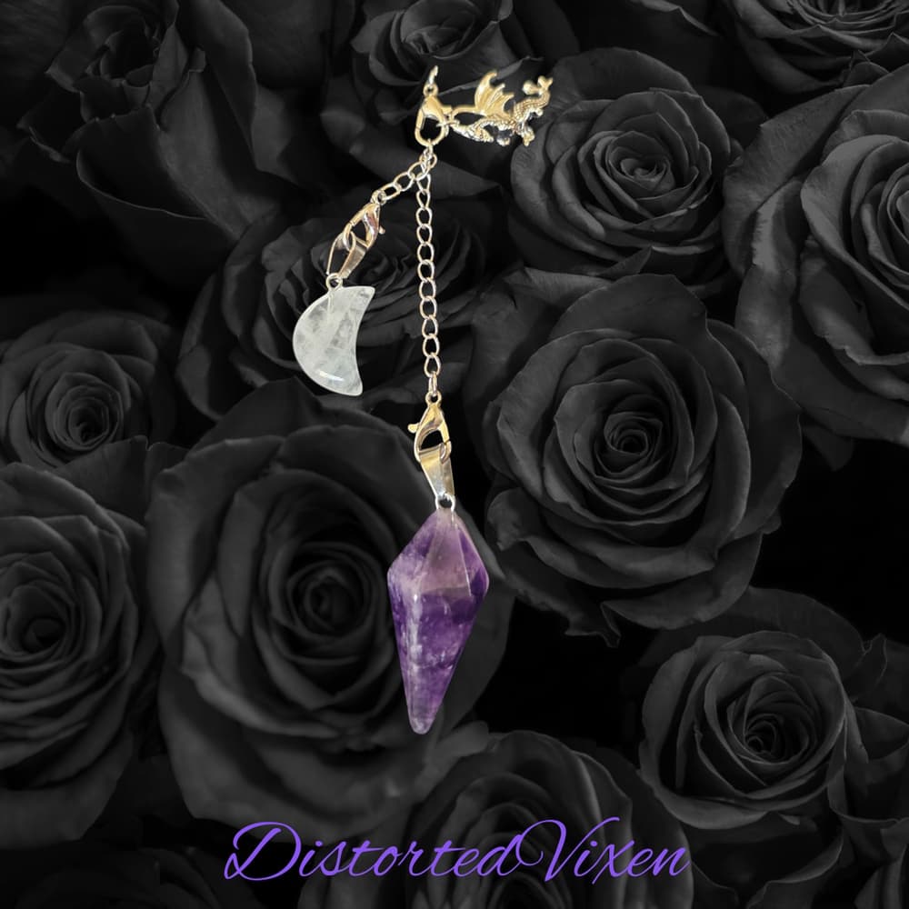 Dragon Amethyst Pendulum Necklace • Clear Quartz Moon • Witch Divination Jewelry - Thumbnail 5
