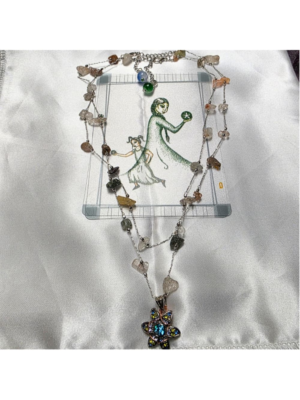 Fluorite Chip 2-Strand Necklace — Copper Wrapped Celestial Pendant — Layered Gem - Thumbnail 4