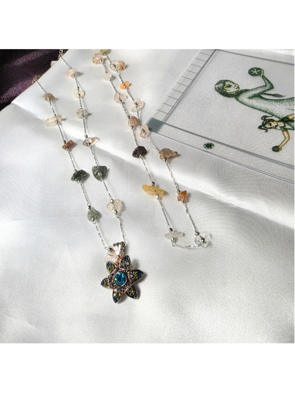 Fluorite Chip 2-Strand Necklace — Copper Wrapped Celestial Pendant — Layered Gem - Thumbnail 3
