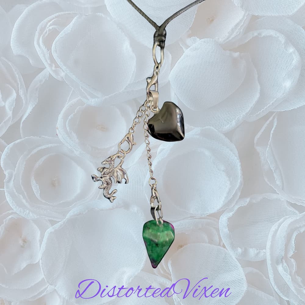 Black Obsidian Heart & Ruby Zoisite Pendulum Necklace –Charm Necklace - Thumbnail 4