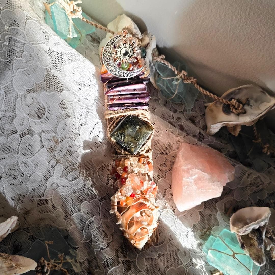 Handcrafted Driftwood Wand, Labradorite, Copper Wrapped Crystals, Sunrise Sunset Moon Charm - Thumbnail 4