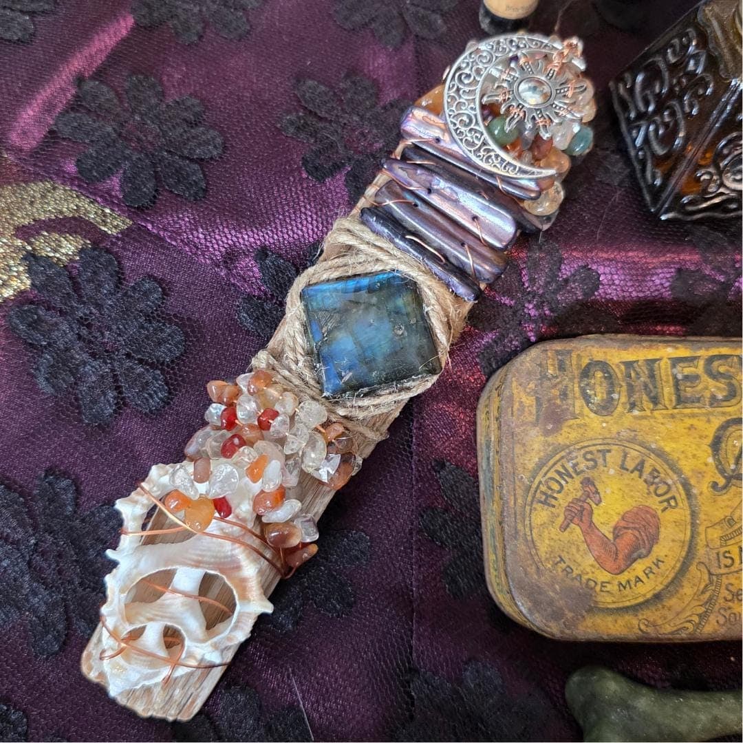 Handcrafted Driftwood Wand, Labradorite, Copper Wrapped Crystals, Sunrise Sunset Moon Charm - Thumbnail 5