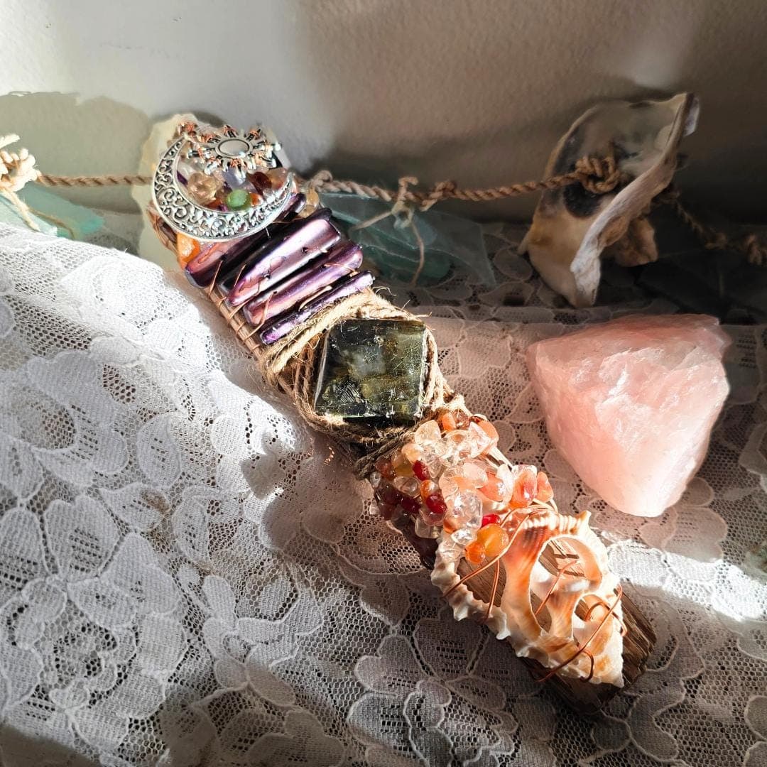 Handcrafted Driftwood Wand, Labradorite, Copper Wrapped Crystals, Sunrise Sunset Moon Charm - Thumbnail 7