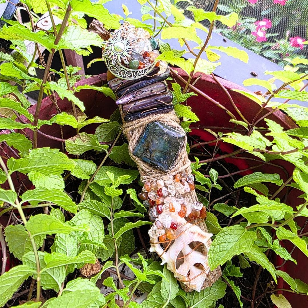 Handcrafted Driftwood Wand, Labradorite, Copper Wrapped Crystals, Sunrise Sunset Moon Charm - Thumbnail 11