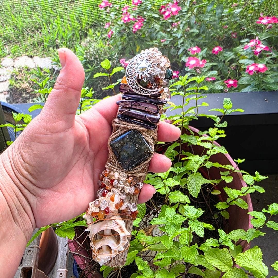 Handcrafted Driftwood Wand, Labradorite, Copper Wrapped Crystals, Sunrise Sunset Moon Charm - Thumbnail 10