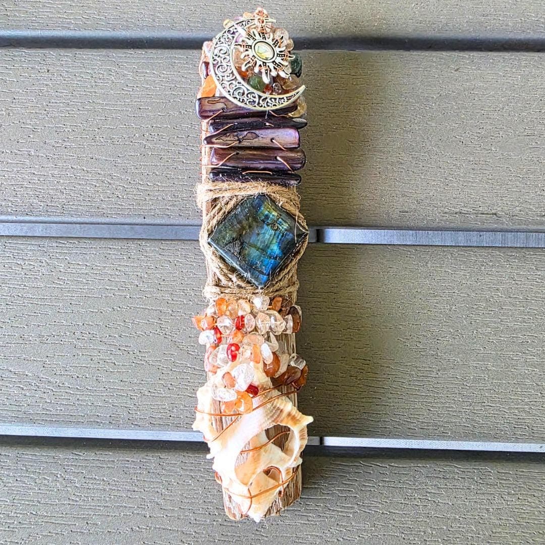 Handcrafted Driftwood Wand, Labradorite, Copper Wrapped Crystals, Sunrise Sunset Moon Charm - Thumbnail 12