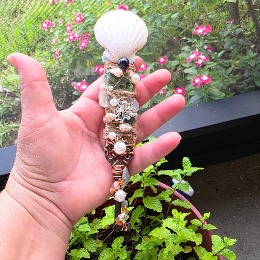 Handcrafted Driftwood Wand, Octopus Charm, Citrine, Carnelian, Copper Wrapped Key, Ocean Magic Tool - Thumbnail 4