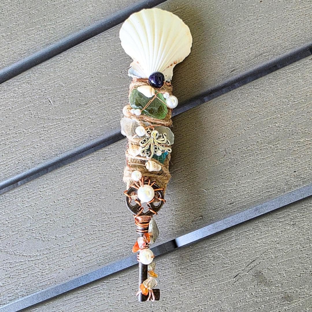 Handcrafted Driftwood Wand, Octopus Charm, Citrine, Carnelian, Copper Wrapped Key, Ocean Magic Tool - Thumbnail 9