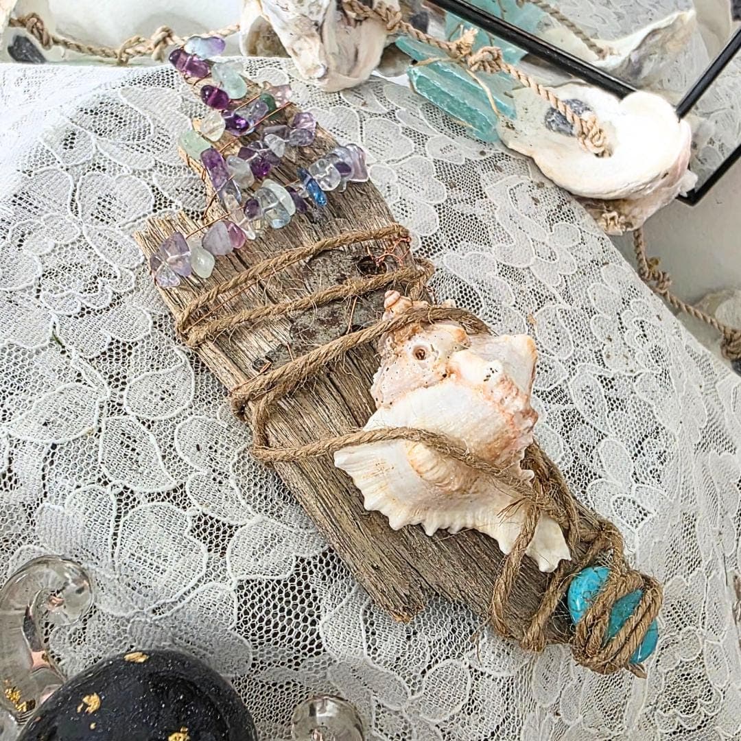 Driftwood Wand, Copper Wrapped Rainbow Fluorite, Antique Key, Sea Witch Altar Decor