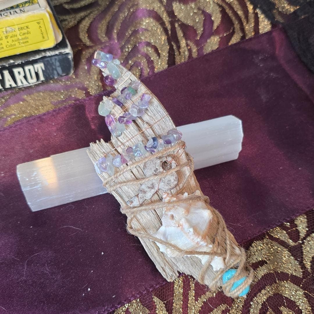Driftwood Wand, Copper Wrapped Rainbow Fluorite, Antique Key, Sea Witch Altar Decor - Thumbnail 2