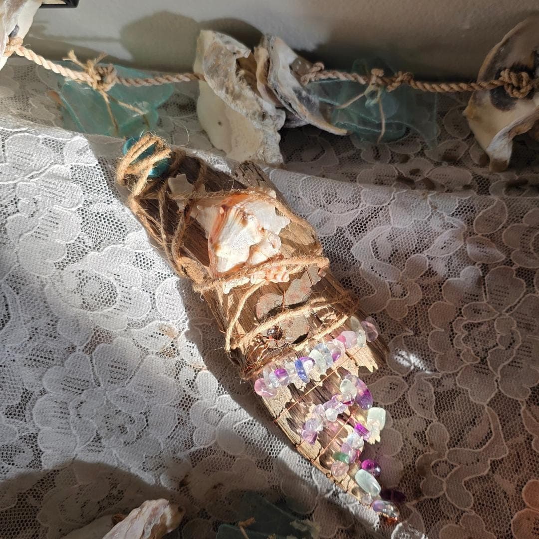 Driftwood Wand, Copper Wrapped Rainbow Fluorite, Antique Key, Sea Witch Altar Decor - Thumbnail 5