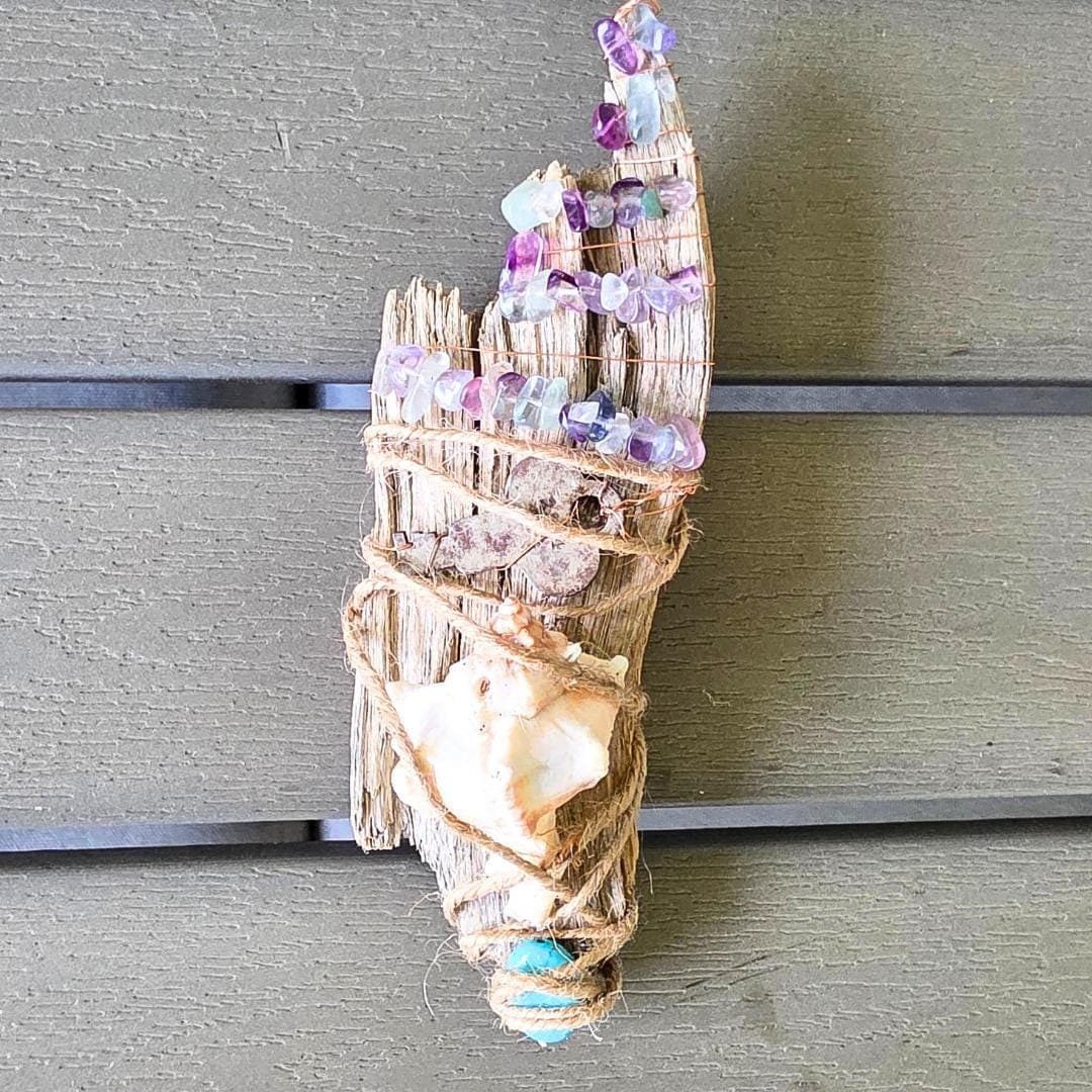 Driftwood Wand, Copper Wrapped Rainbow Fluorite, Antique Key, Sea Witch Altar Decor - Thumbnail 10
